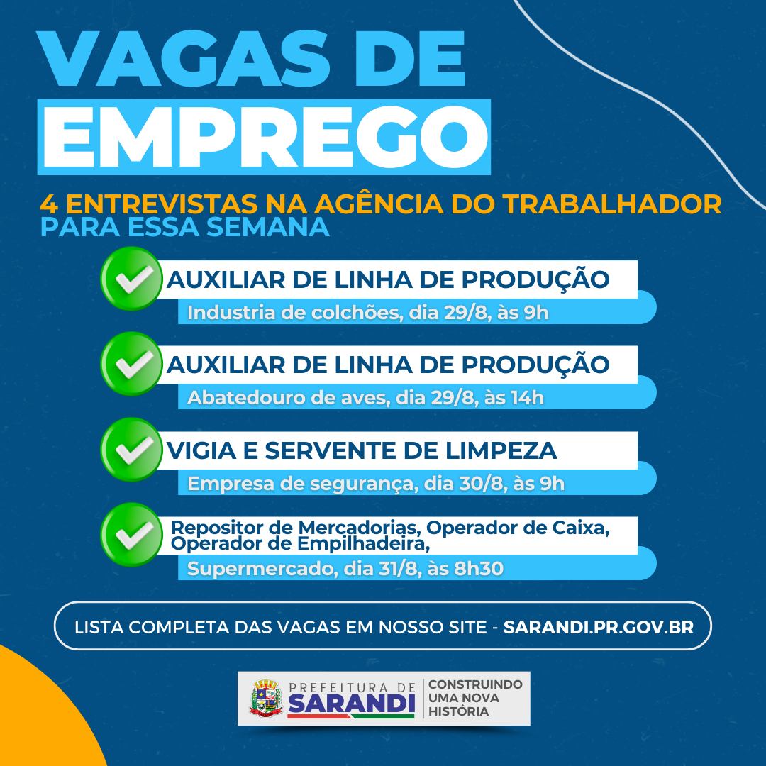 AGÊNCIA DO TRABALHADOR DE SARANDI INICIA SEMANA OFERTANDO 163 VAGAS DE EMPREGO